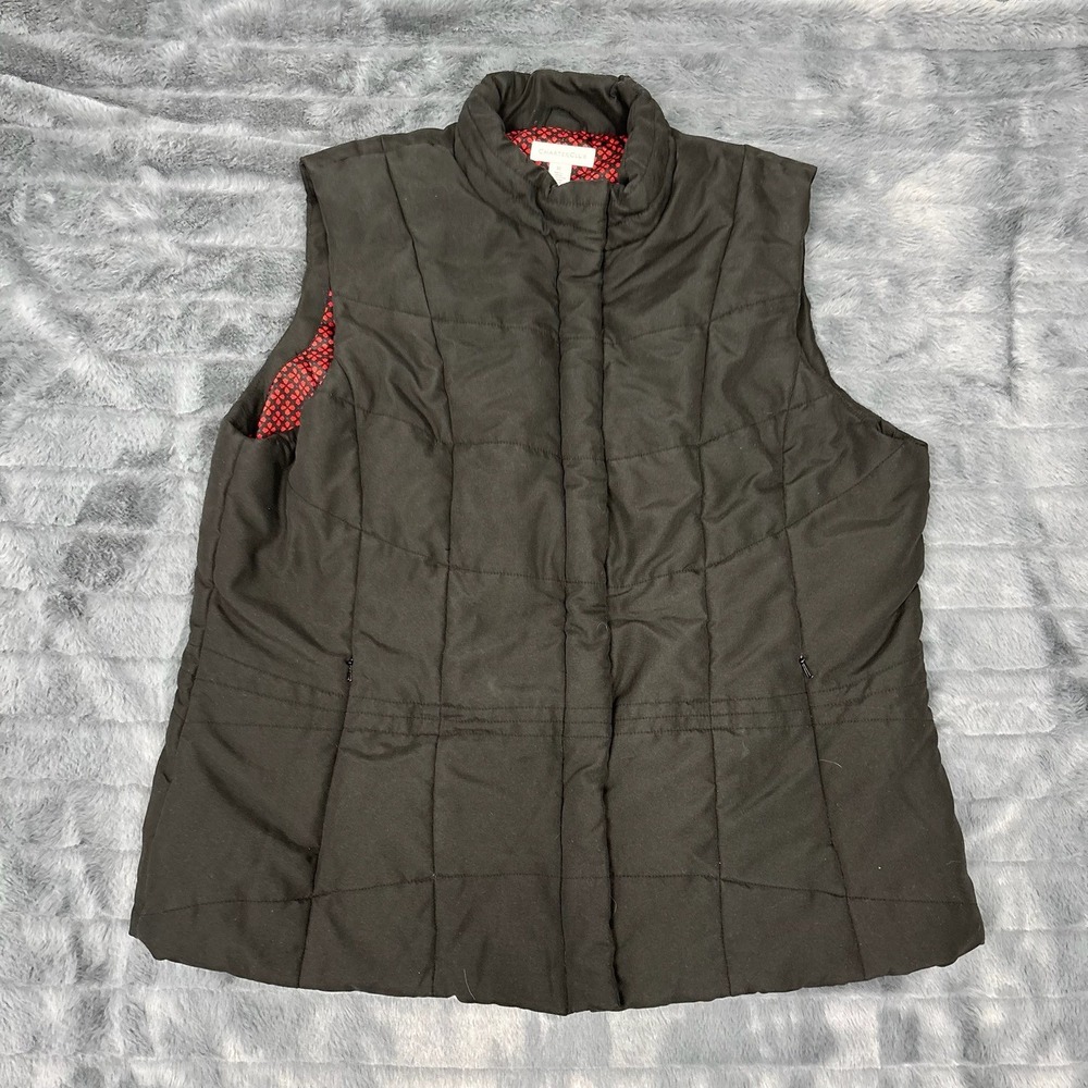 Charter Club Womens XL Black Quilted Puffer Vest Mock Neck Red Floral Lining